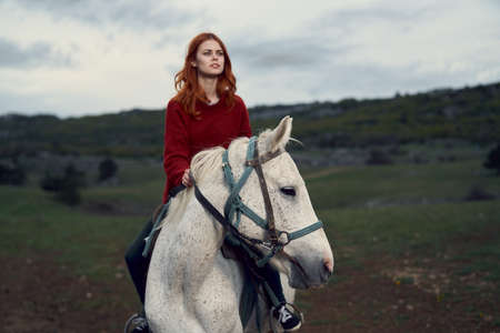 Beautiful young woman in the mountains walking with a horse, nature.の写真素材