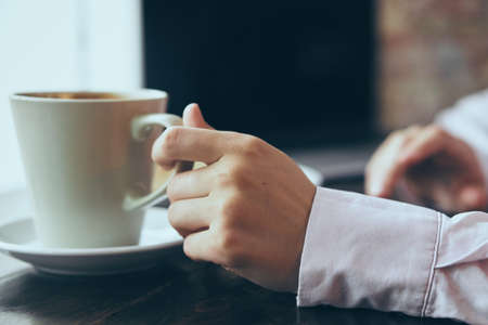 Hands, woman in cafe, eating, breakfast, coffee, tea, morning.