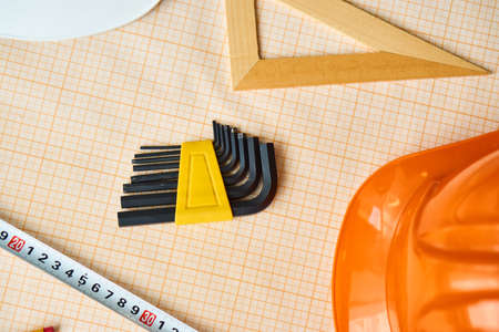 Building materials, tools, helmet, ruler, desktop, ruler.の写真素材
