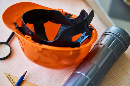 Drawings, engineering, helmet, desktop, ruler, work.の写真素材