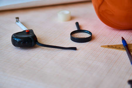 Desktop, helmet, drawings, engineering, ruler, work, construction.の写真素材