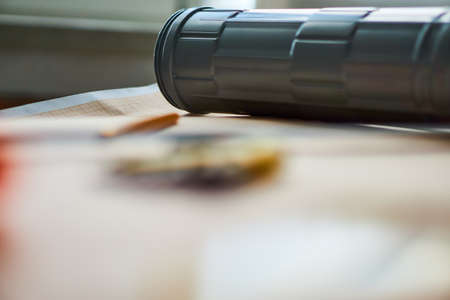 Layout, blueprints, engineering, construction, tube, desktop, helmet.の写真素材