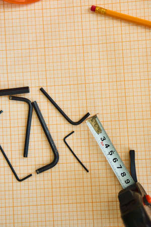 Work, drawings, construction, ruler, tools, helmet, pencil.の写真素材