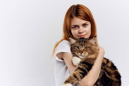 Young beautiful woman on white isolated background holds a cat, maine coon, pets.の写真素材