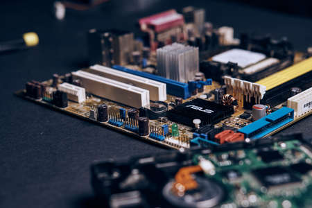 Computer parts, chips, microprocessor, motherboard, electronic components.