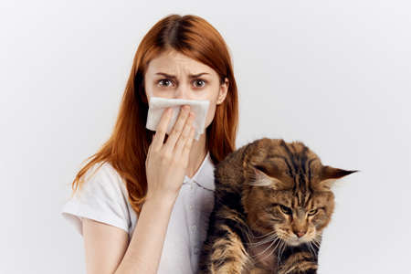 Beautiful young woman on a light background holds a cat, an allergy to pets.の写真素材