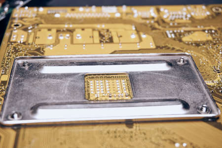 Microcircuits, computer components, parts, close-up, technology, electronics.
