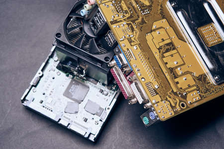 Microchips, computer, details, close-up, table, electronics, technology.