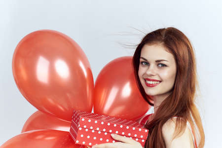 Woman, balloons, portrait, gift.の写真素材