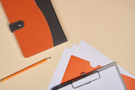 light background, notebook, pencil, files.の写真素材