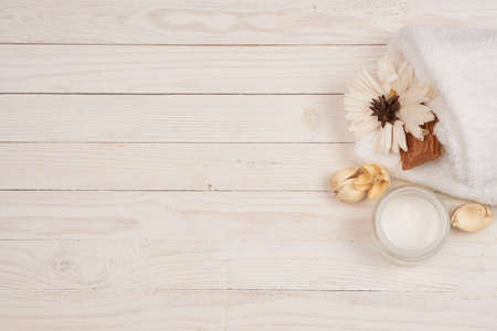 background of boards, side flowers, napkin, jar.の写真素材