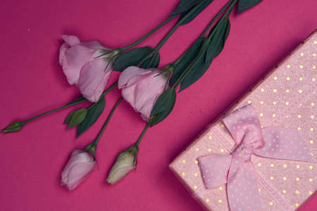 flowers and gift, pink background.の写真素材