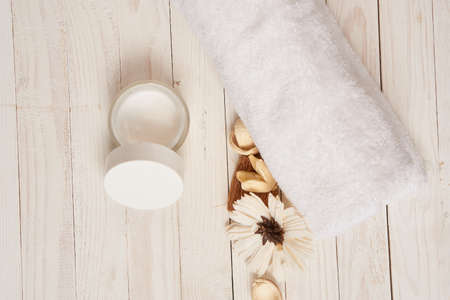 background of boards, napkin, flower, jar.の写真素材