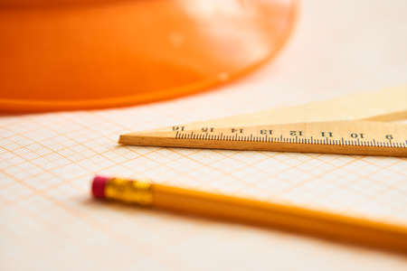 helmet, ruler, pencil, close-up.の写真素材
