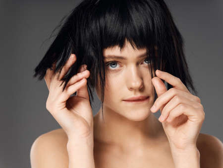 Woman portrait black wig, beauty portrait modelの写真素材