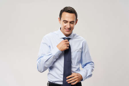 Cheerful man elegant style shirt tie and official