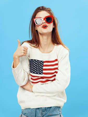 glasses makeup sweater woman american flag modelの写真素材