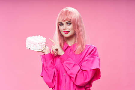 Birthday cake beautiful woman pink hair