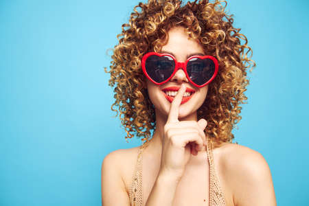 Happy blonde expression of feelings free place, studioの写真素材