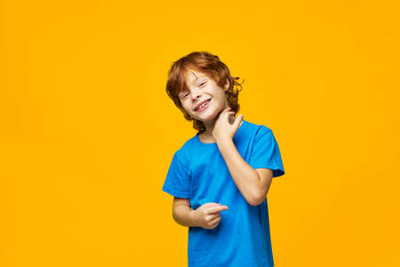 red-haired boy big smile hand gestures happiness studio shot blue t-shirt Copy Spaceの写真素材