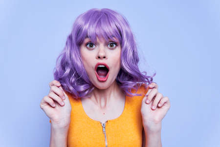 Beautiful and emotional lady makeup blue backgroundの写真素材