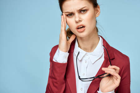 Business woman glasses red jacket lifestyle confidence blue background