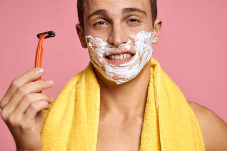 Nationality razor street and white foam pure skin pink background Copy Spaceの写真素材