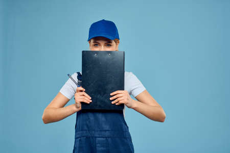 Woman in working form paperwork rendering services career office blue background