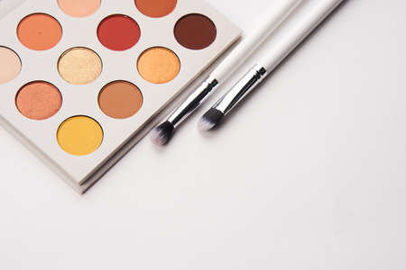eyeshadows on isolated background and makeup brushes professional cosmeticsの写真素材
