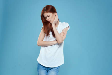 pretty woman white tshirt long hair glamor lifestyle cropped view blue background