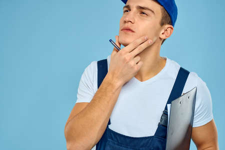 Delivery service man worker rendering service blue background