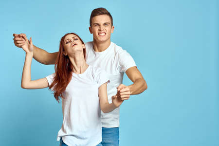 Man and woman family relationship blue background love cropped view romanceの写真素材