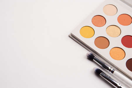 eyeshadows on isolated background and makeup brushes professional cosmeticsの写真素材