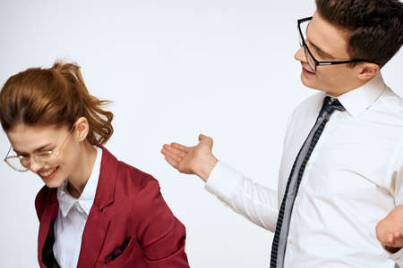 Work colleagues Business couple office officials team studio light background