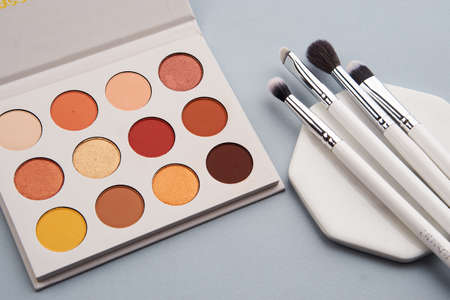 Palette with shadows and professional brushes on a stand on a gray backgroundの写真素材