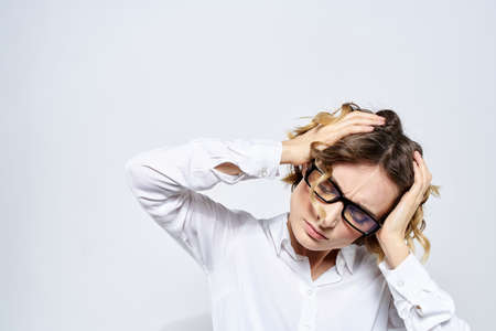 Woman business finance glasses work office light background portrait modelの写真素材