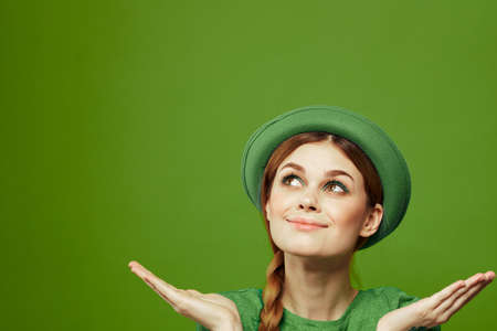 st patricks day happy woman green t-shirt hat shamrock holidays funの写真素材