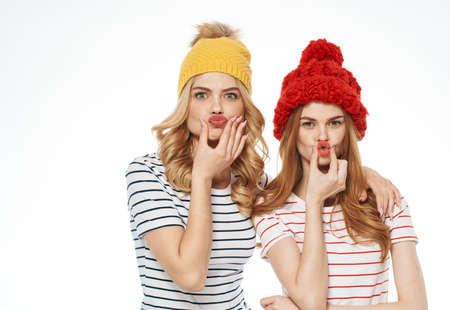 Cheerful women hugs communication emotions joy fashion