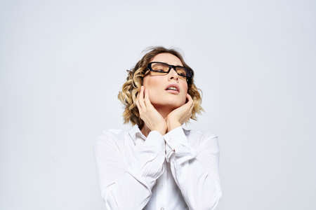 Woman business finance glasses work office light background portrait modelの写真素材