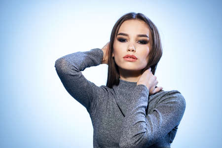beautiful woman bright makeup gray jacket attractive look luxury model studio