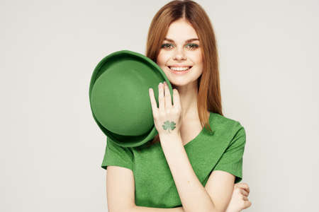 holiday Saint Patricks Day shamrock girl fun Green clothing light background