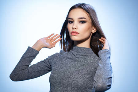 beautiful woman bright makeup gray jacket attractive look luxury model studio