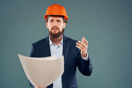 Business man blueprints engineer work professional instruction manual