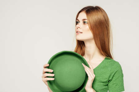 holiday Saint Patricks Day shamrock girl fun Green clothing light backgroundの写真素材