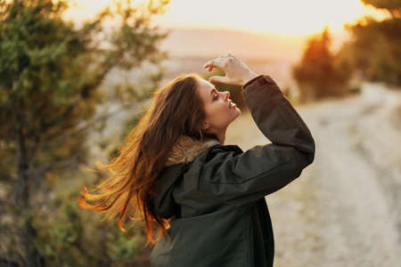 Woman jackets outdoors fresh air enjoying day of rest