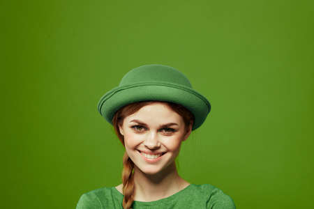 st patricks day happy woman green t-shirt hat shamrock holidays funの写真素材