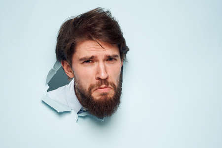 Emotional male manager office blue background work lifestyle