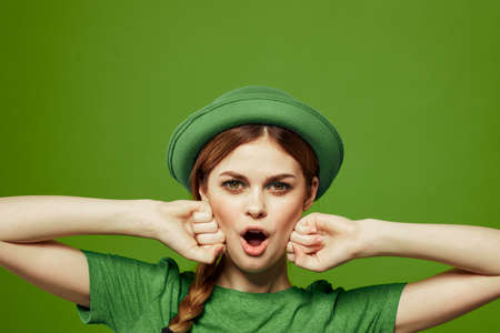 st patricks day happy woman green t-shirt hat shamrock holidays funの写真素材