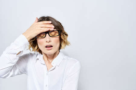 Woman business finance glasses work office light background portrait model