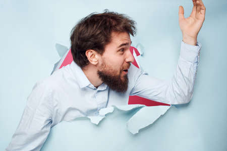 business man in shirt emotions gestures with hands lifestyleの写真素材